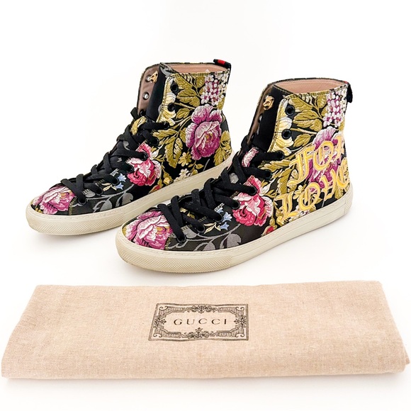 Gucci Shoes - Gucci Sylvie Blind For Love High Top Lace Up Sneakers Floral Print Jacquard 38